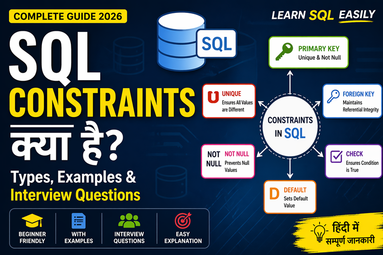 SQL constraints kya hai infographic with types examples primary key foreign key not null check default