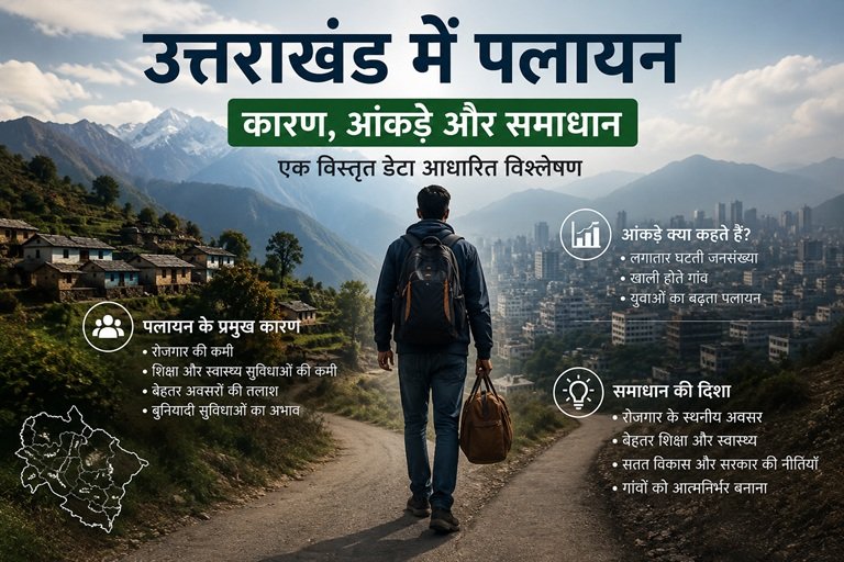 migration in Uttarakhand from mountain villages to cities with causes, statistics, and solutions.