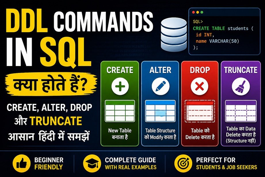 DDL Commands in SQL in Hindi CREATE ALTER DROP TRUNCATE example