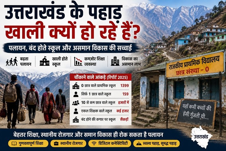 उत्तराखंड के पहाड़ी गांवों में बढ़ते पलायन, बंद होते सरकारी स्कूल, खाली गांव और असमान विकास को दर्शाता इन्फोग्राफिक बैनर जिसमें खाली स्कूल, पहाड़ी परिवारों का पलायन और शिक्षा संकट दिखाया गया है।