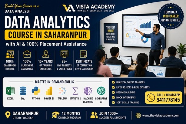 Data Analytics Course in Saharanpur at Vista Academy covering Excel, SQL, Python, Power BI, Tableau, Machine Learning and Generative AI