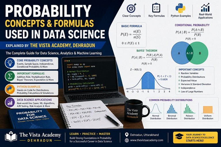 Probability concepts and formulas used in data science explained by The Vista Academy Dehradun